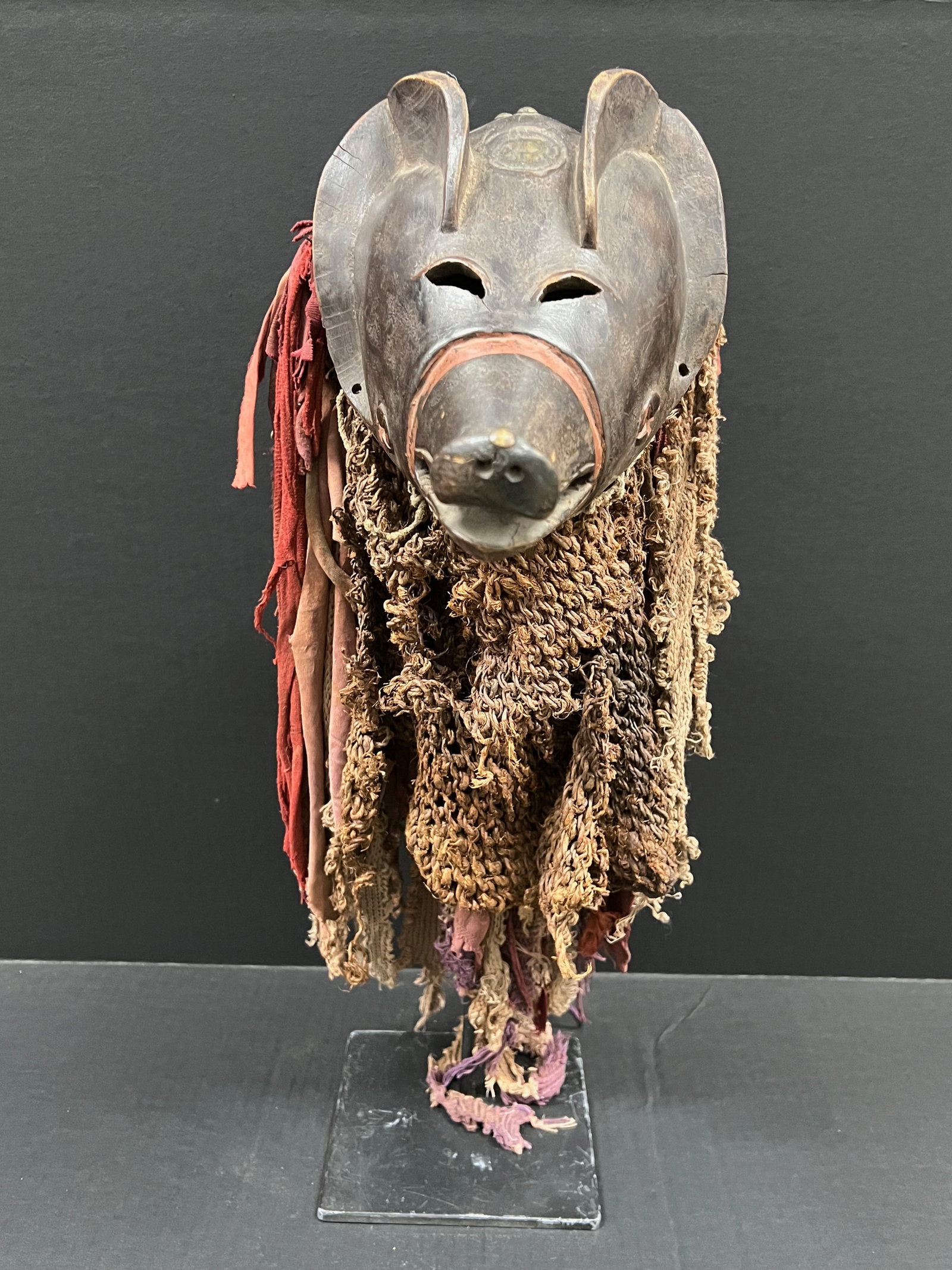 African Tribal Art Carved Wood Ngulu Pig Mask with Display Stand - 9