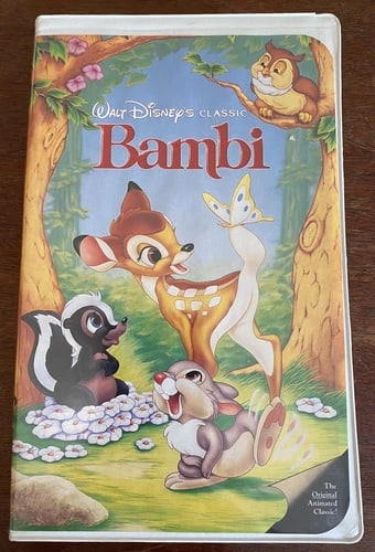 Disney Bambi VHS 942 Black Diamond Classics Edition 1989 Rare!: Disney Bambi VHS 942 Black Diamond Classics Edition 1989 Rare! Hologram on clamshell and tape. Clamshell and tape clean. Clamshell has crack, small holes lower right bottom edge. Reserve: $450.00 Ship
