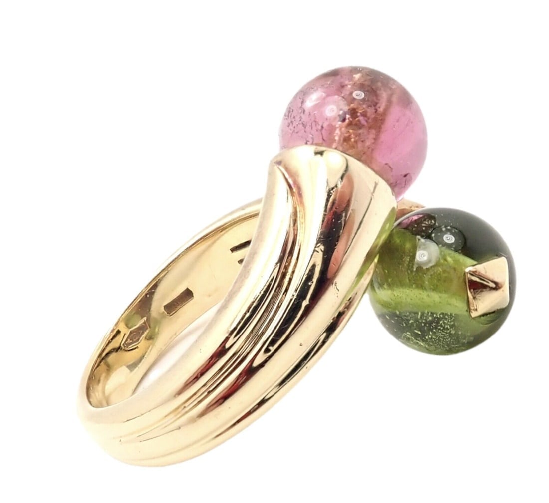 Vintage Bulgari Bvlgari 18k Yellow Gold Pink + Green Tourmaline Bypass Ring - 3