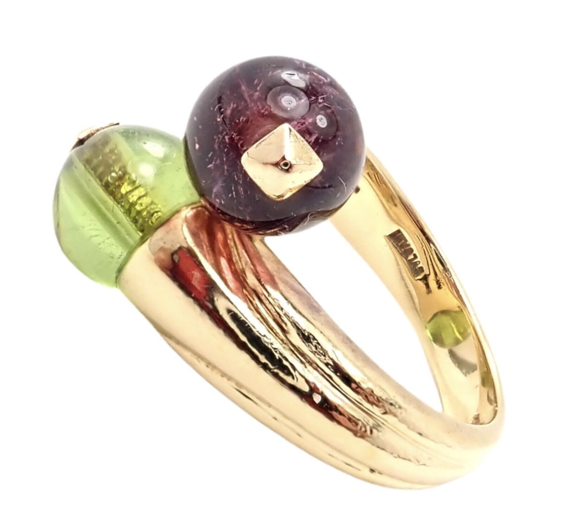 Vintage Bulgari Bvlgari 18k Yellow Gold Pink + Green Tourmaline Bypass Ring - 4