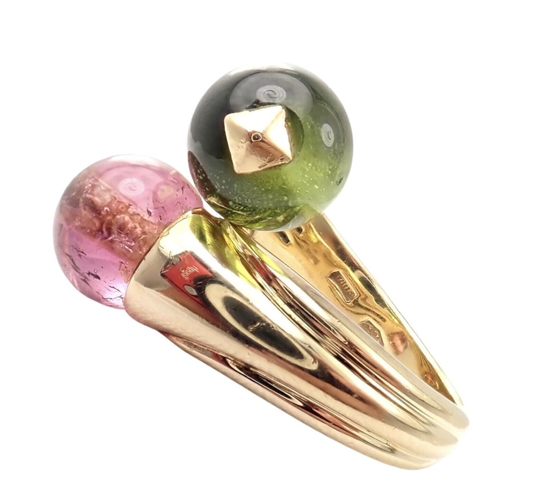 Vintage Bulgari Bvlgari 18k Yellow Gold Pink + Green Tourmaline Bypass Ring - 5