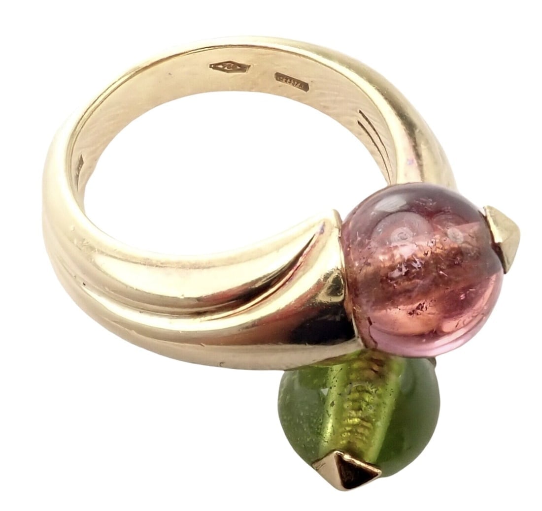 Vintage Bulgari Bvlgari 18k Yellow Gold Pink + Green Tourmaline Bypass Ring - 8