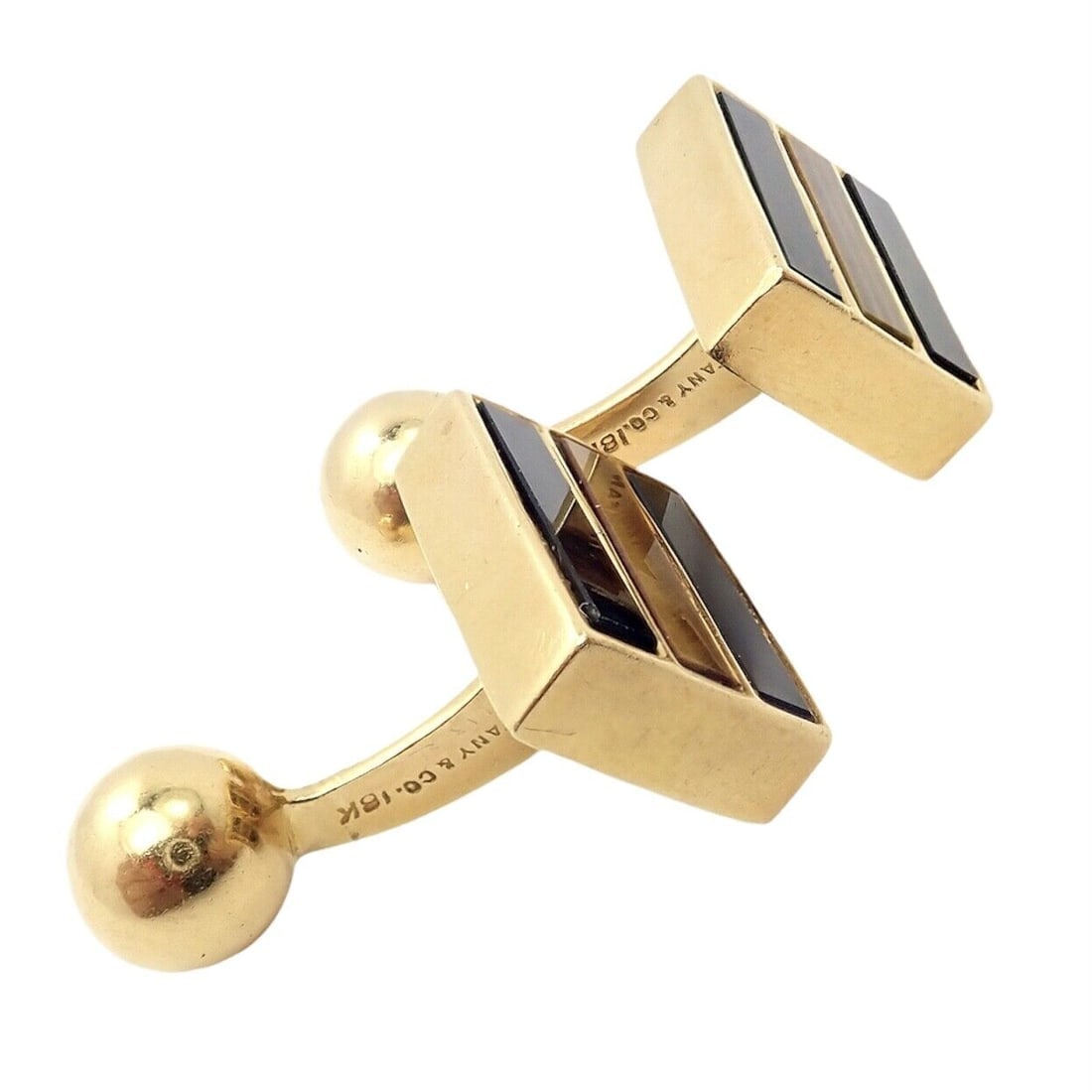 Rare Vintage Tiffany & Co. 18k Yellow Gold Classic Onyx Tiger Eye Cufflinks - 2