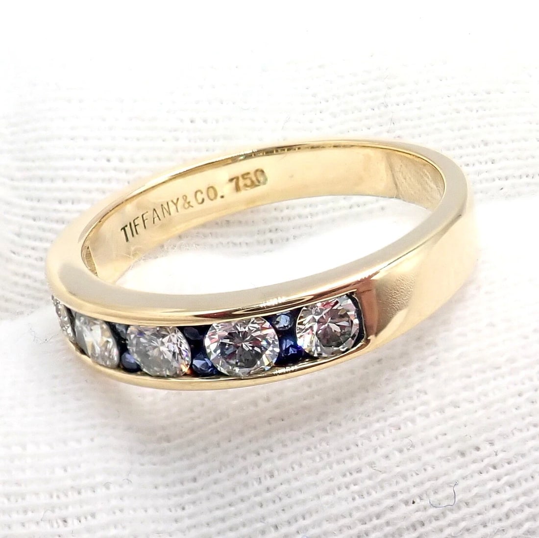 Authentic! Tiffany & Co 18k Yellow Gold 1.20ctw Diamond Sapphire Band Ring sz 5 - 7