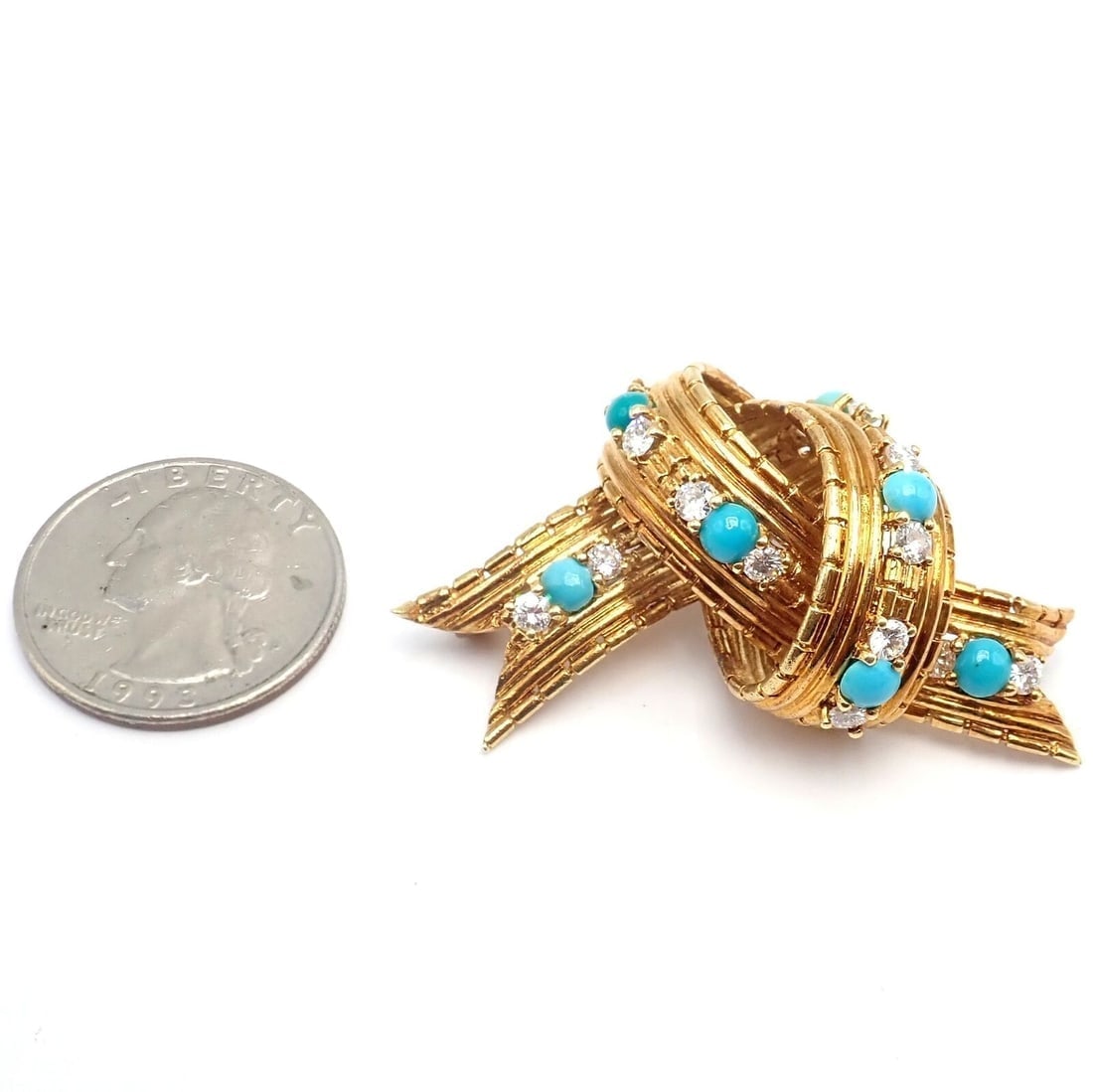 Vintage Tiffany & Co. 18k Yellow Gold Diamond Turquoise Bamboo Bow Pin Brooch - 2