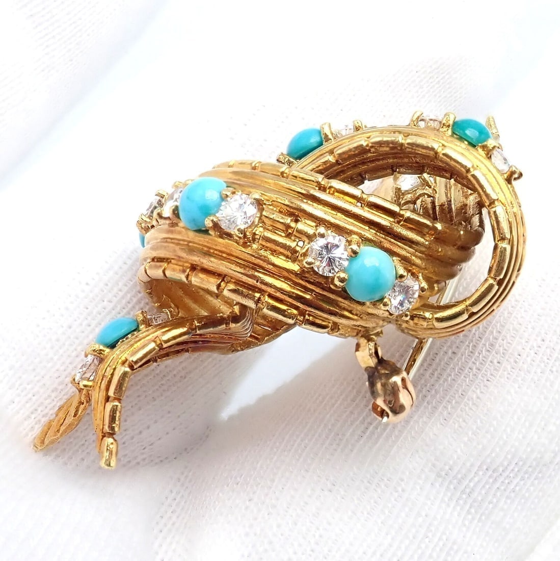 Vintage Tiffany & Co. 18k Yellow Gold Diamond Turquoise Bamboo Bow Pin Brooch - 7