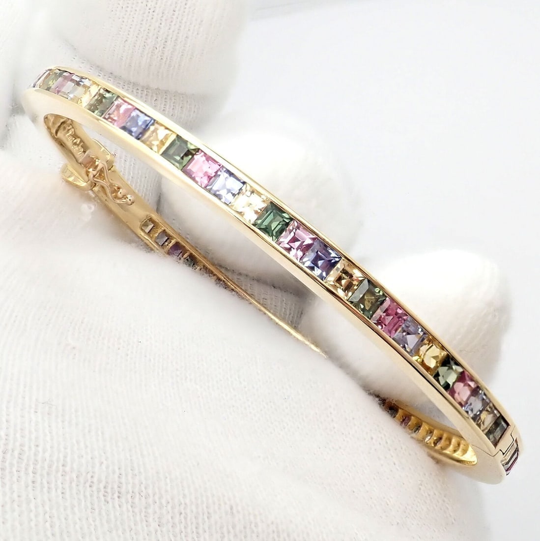 Authentic! Julius Cohen 18k Yellow Gold Diamond Pastel Color Stone Cuff Bracelet - 2