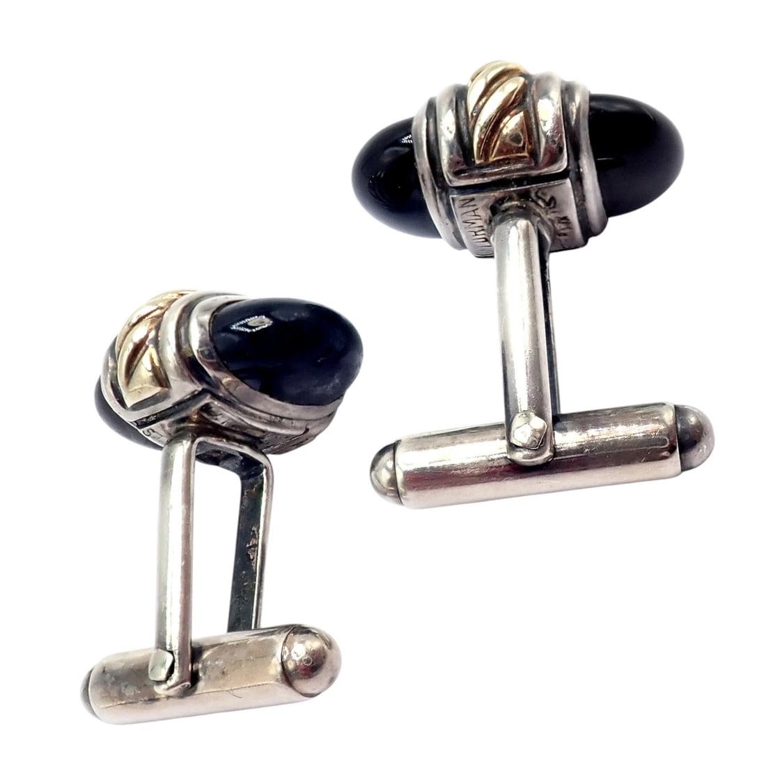 Authentic! David Yurman DY Silver 14k Yellow Gold Onyx Double Oval Cufflinks - 3