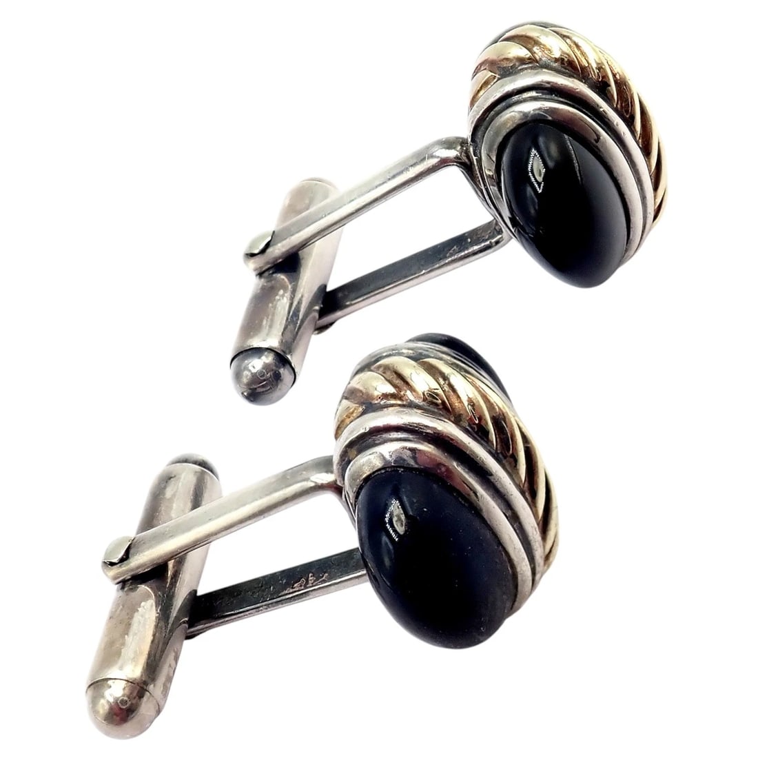 Authentic! David Yurman DY Silver 14k Yellow Gold Onyx Double Oval Cufflinks - 4