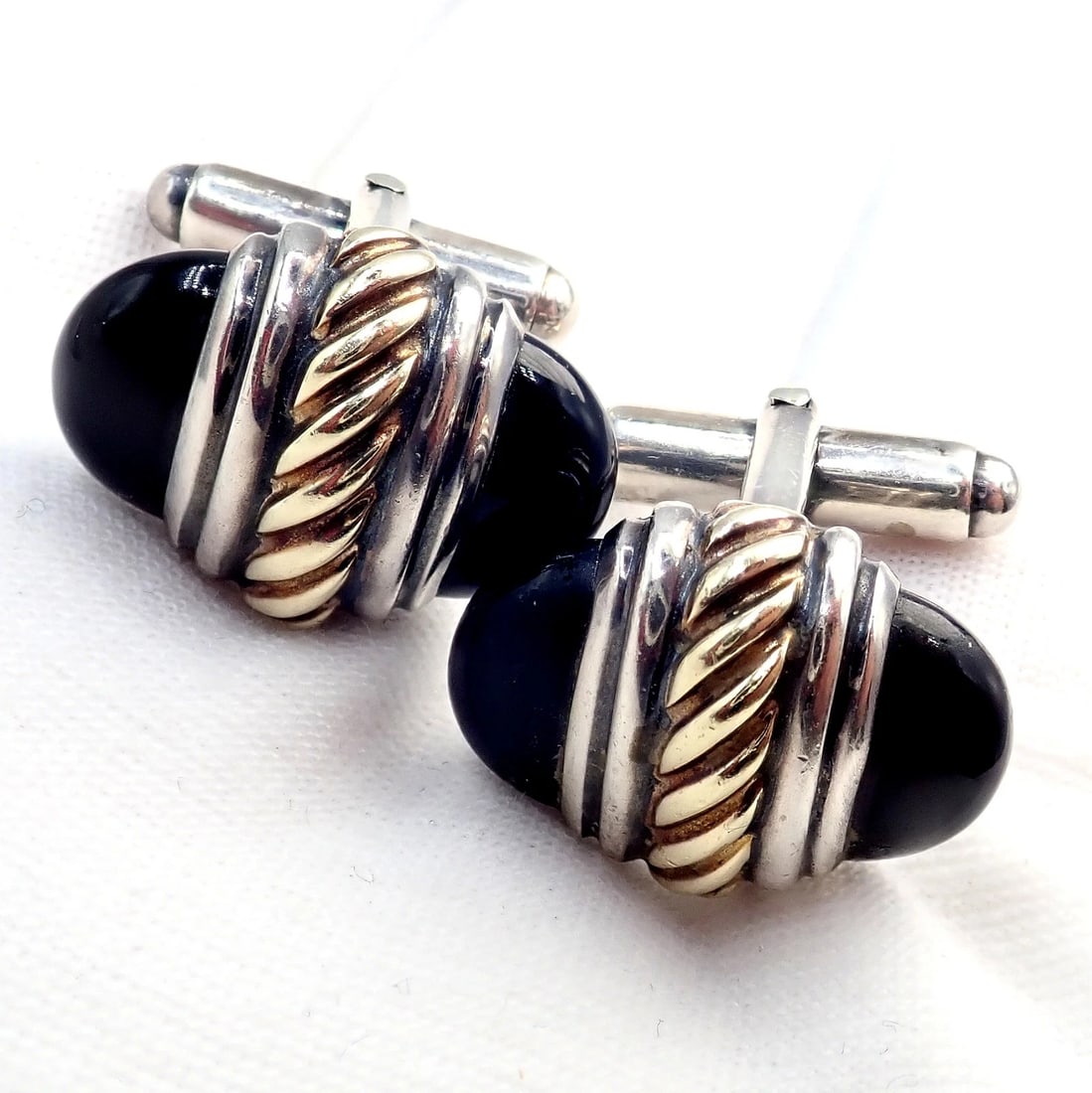 Authentic! David Yurman DY Silver 14k Yellow Gold Onyx Double Oval Cufflinks - 8