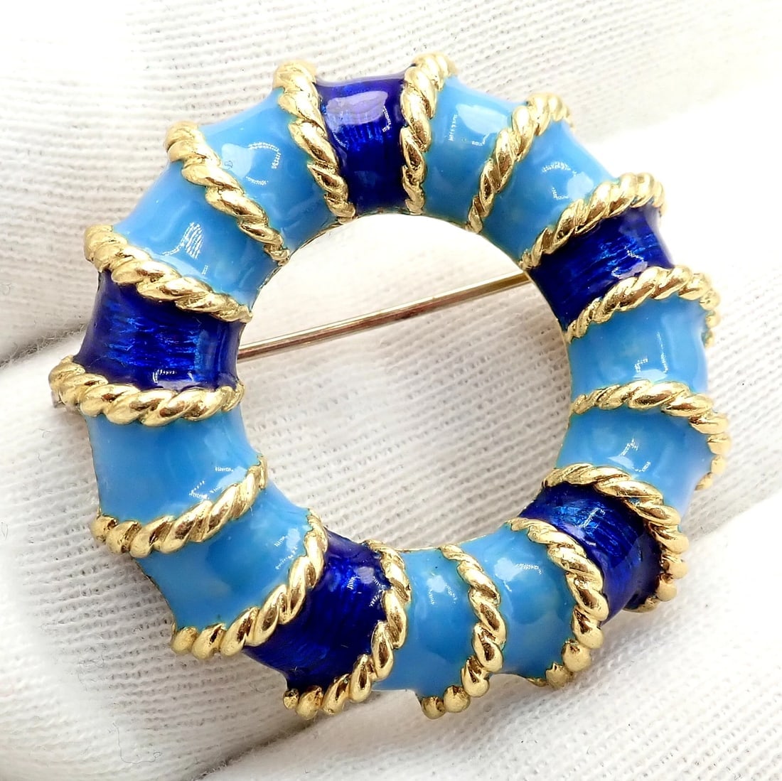 Rare! Vintage Tiffany & Co 18k Yellow Gold Blue Enamel Circle Rope Brooch Pin - 7
