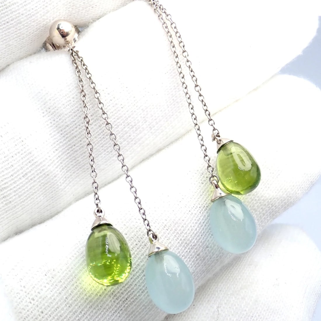 Authentic! Tiffany & Co 18k White Gold Rainbow Drop Peridot Chalcedony Earrings - 2