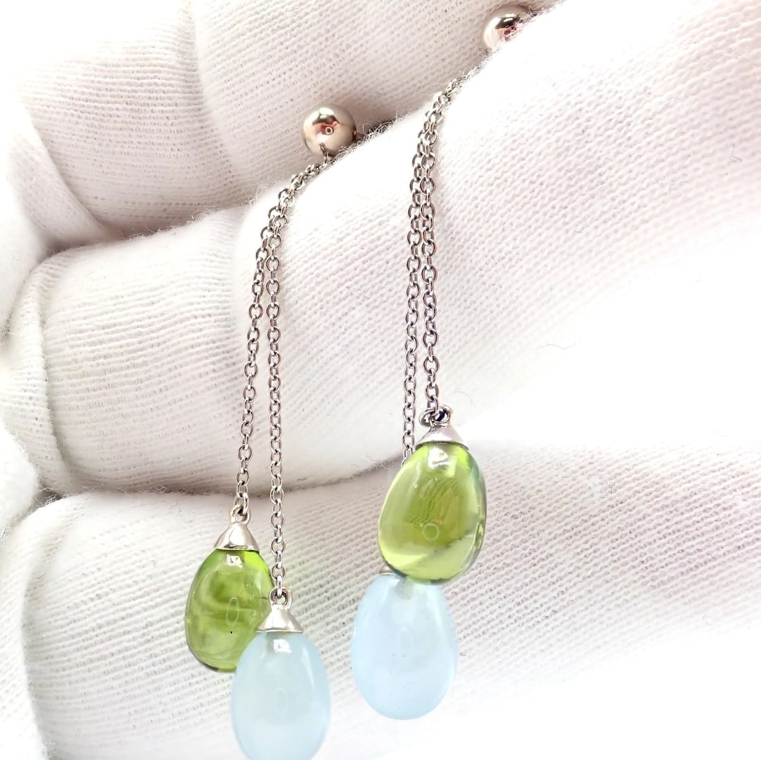 Authentic! Tiffany & Co 18k White Gold Rainbow Drop Peridot Chalcedony Earrings - 7