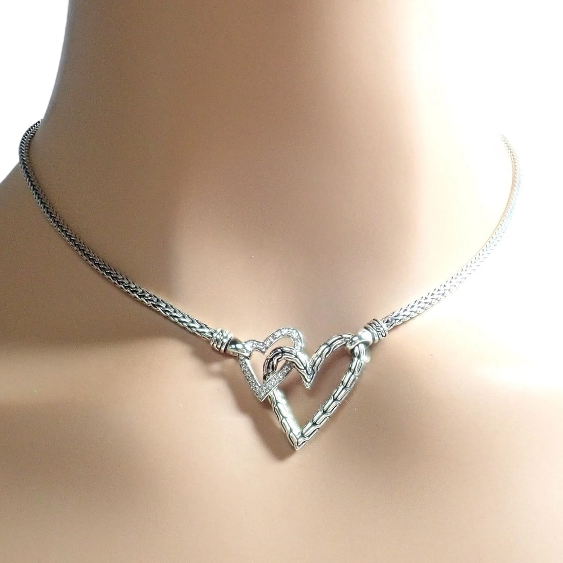Authentic! John Hardy JH Silver Diamond Double Heart Manah Necklace - 3