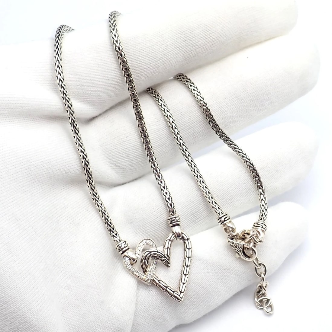 Authentic! John Hardy JH Silver Diamond Double Heart Manah Necklace - 4