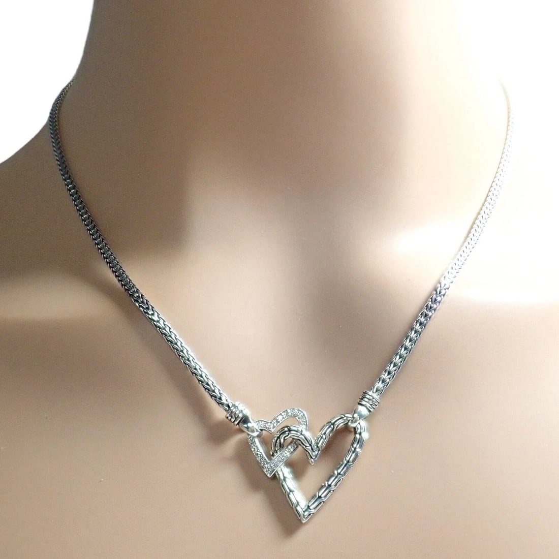 Authentic! John Hardy JH Silver Diamond Double Heart Manah Necklace - 8