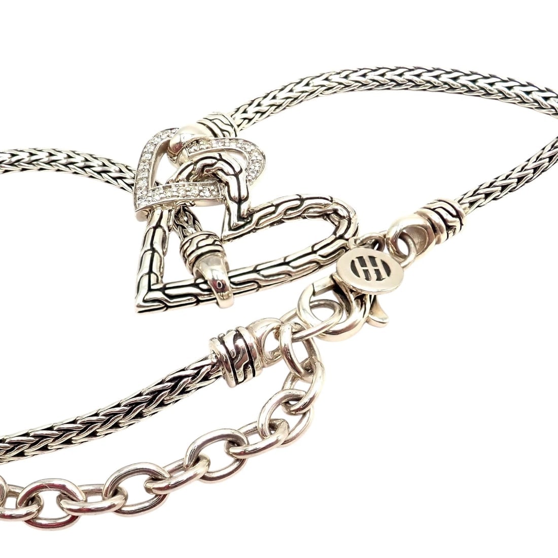 Authentic! John Hardy JH Silver Diamond Double Heart Manah Necklace - 9
