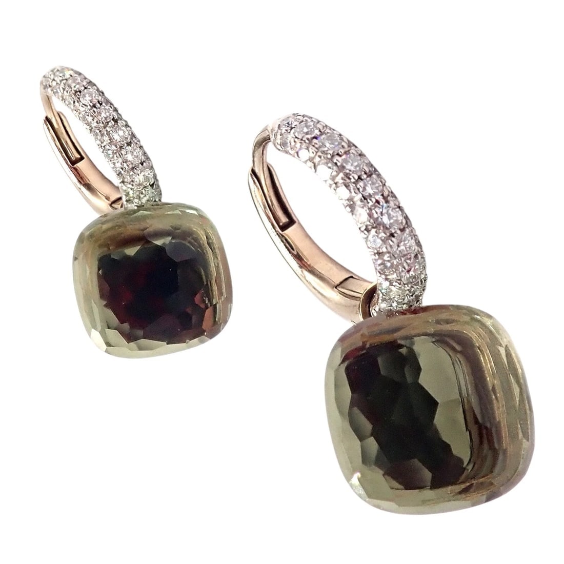 Authentic! Pomellato Nudo 18k Rose + White Gold Diamond Prasiolite Earrings - 2