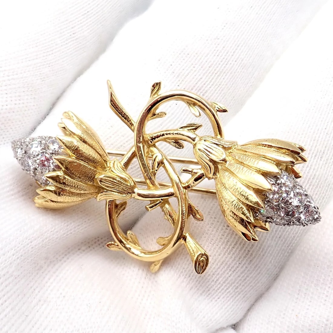 Authentic! Tiffany & Co Schlumberger 18k Yellow Gold Platinum Diamond Pin Brooch - 2