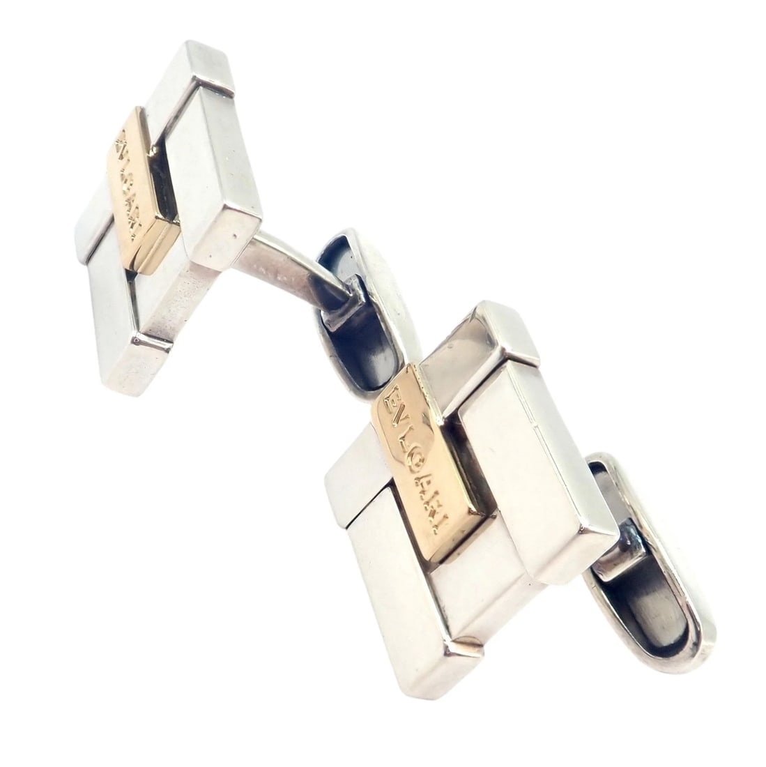Authentic! Bulgari Bvlgari 18k Yellow Gold + Sterling Silver Square Cufflinks - 3
