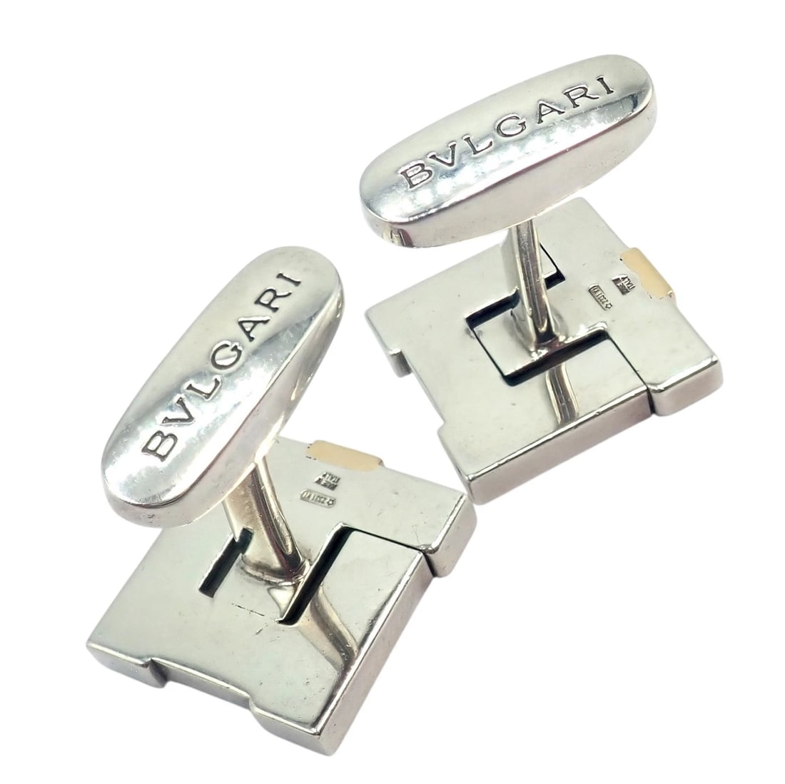 Authentic! Bulgari Bvlgari 18k Yellow Gold + Sterling Silver Square Cufflinks - 4