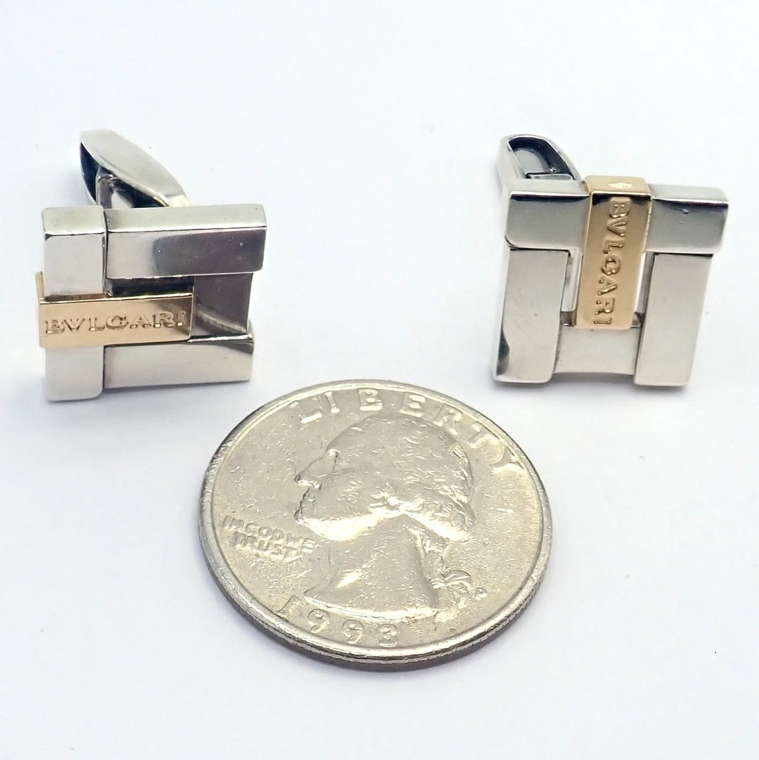Authentic! Bulgari Bvlgari 18k Yellow Gold + Sterling Silver Square Cufflinks - 5