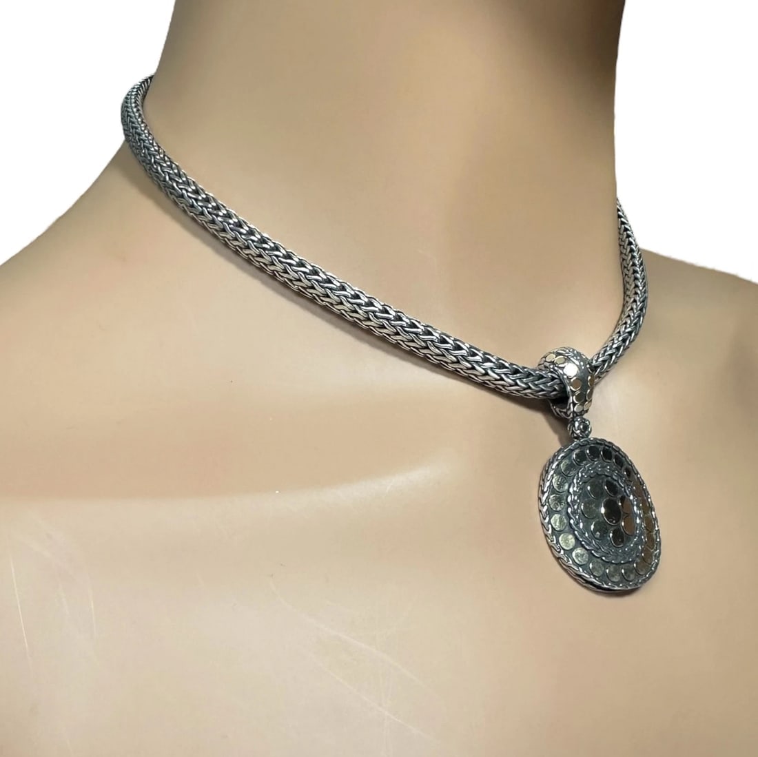 Authentic! John Hardy JH 18k Yellow Gold Silver Dot Pendant And Necklace - 2