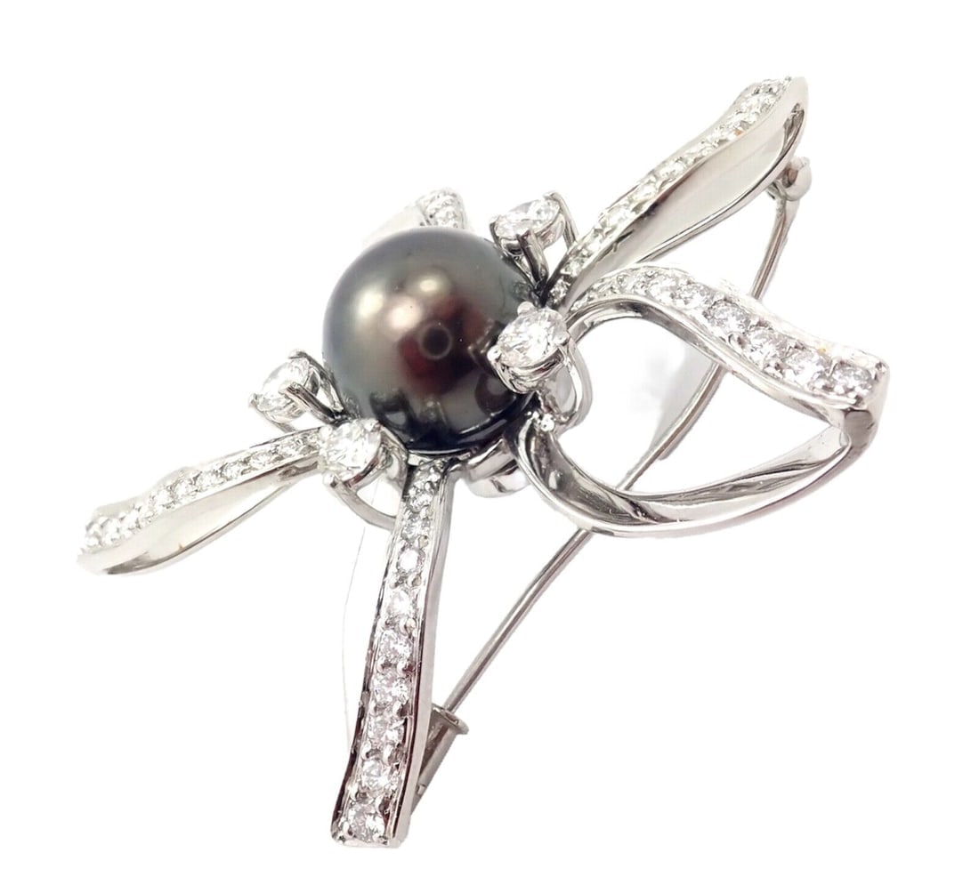 Rare! Authentic Mikimoto Platinum Diamond Tahitian South Sea Pearl Brooch Pin - 2