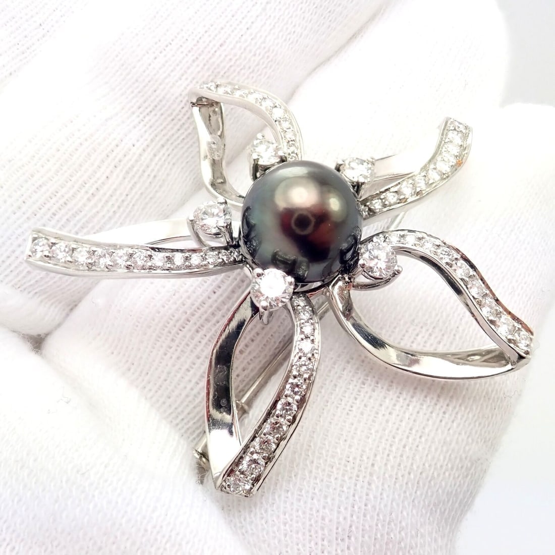 Rare! Authentic Mikimoto Platinum Diamond Tahitian South Sea Pearl Brooch Pin - 7
