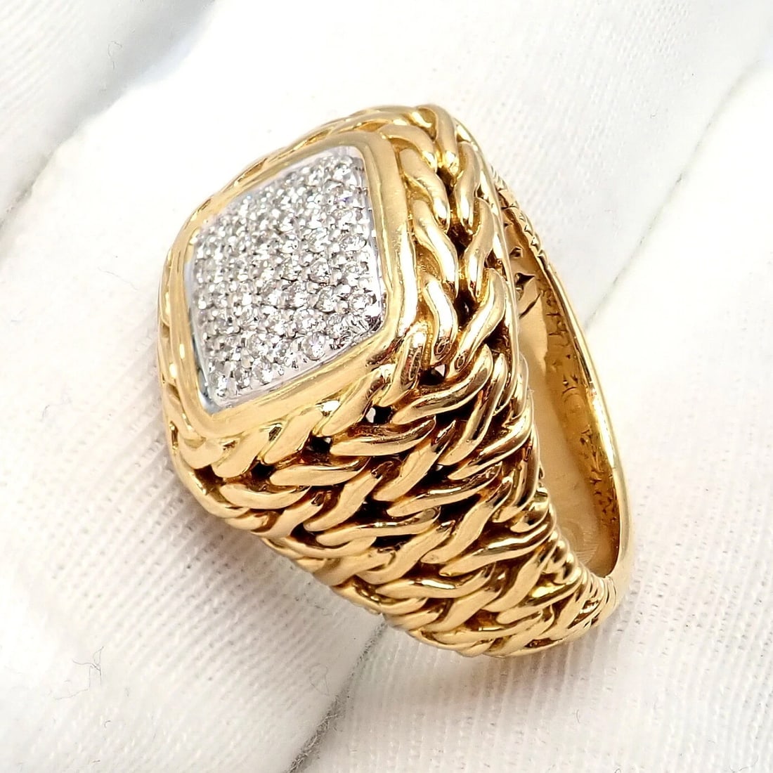Authentic! John Hardy JH 18k Yellow Gold Diamond Square Signet Signature Ring - 6