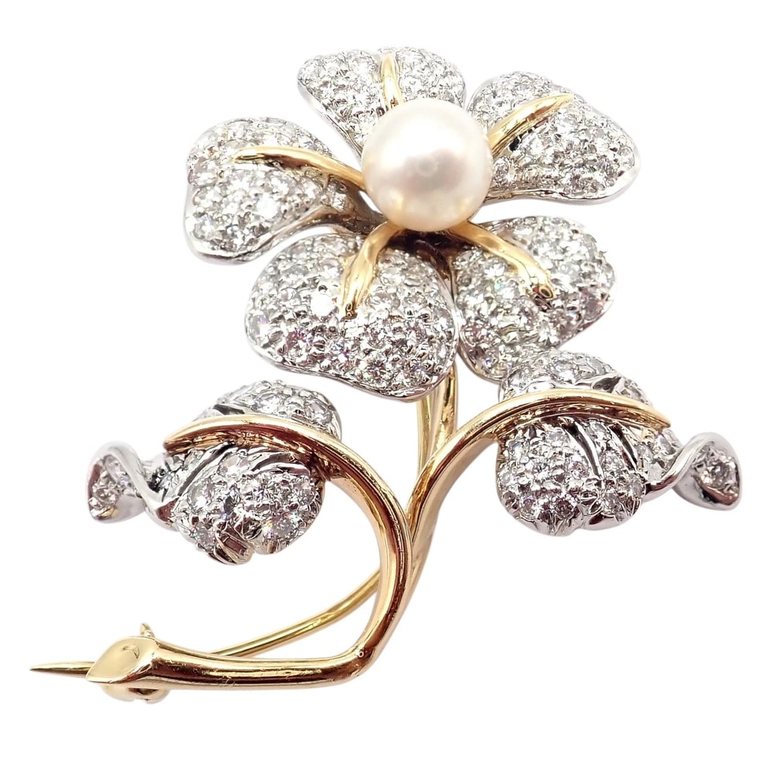 Vintage! Tiffany & Co 18k Yellow Gold Platinum Diamond Pearl Pin Brooch - 3