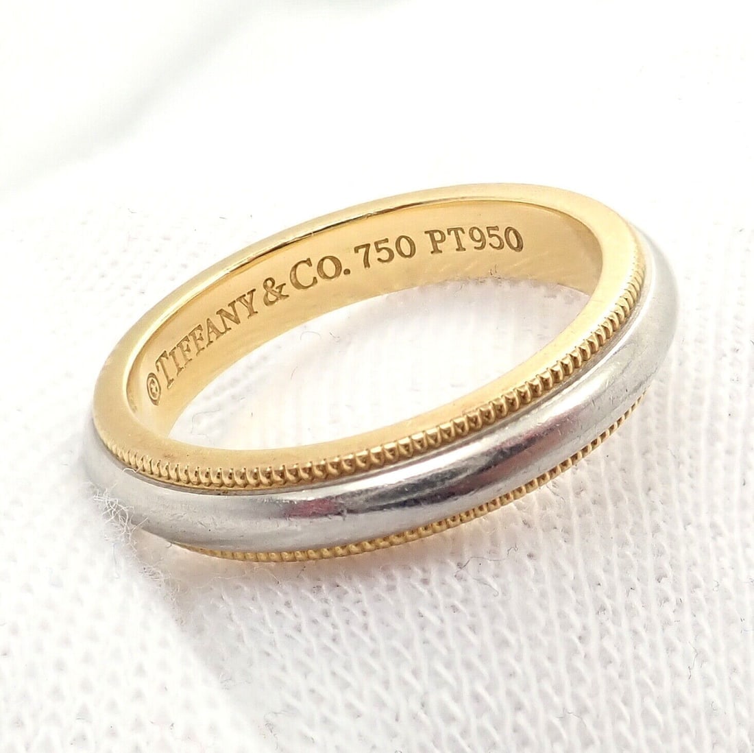 Tiffany & Co. 18k Yellow Gold Platinum 4mm Band Classic Milgrain Ring Sz 5 - 3