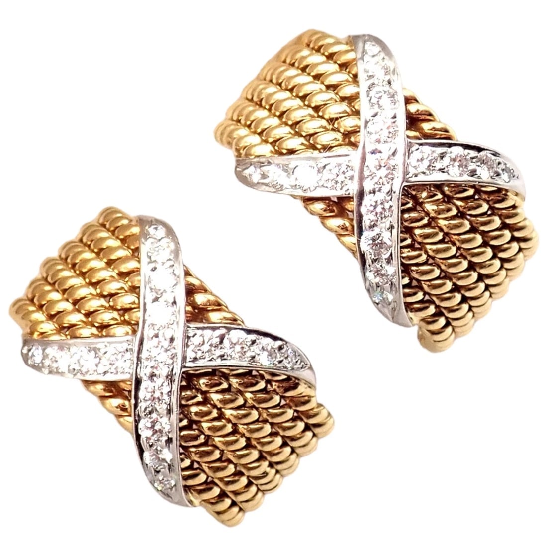 Tiffany & Co Schlumberger 18k Yellow Gold Platinum Diamond 6 Row Rope X Earrings - 7