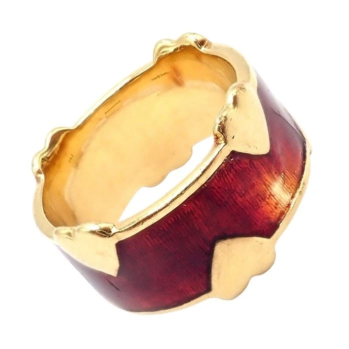 Tiffany & Co Schlumberger 18k Yellow Gold Red Enamel Heart Band Ring sz 6 - 3
