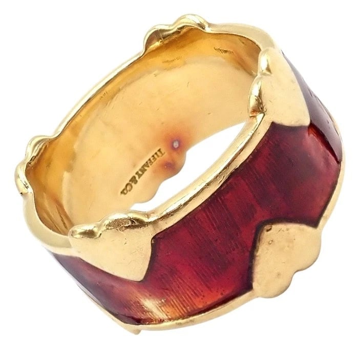 Tiffany & Co Schlumberger 18k Yellow Gold Red Enamel Heart Band Ring sz 6 - 5