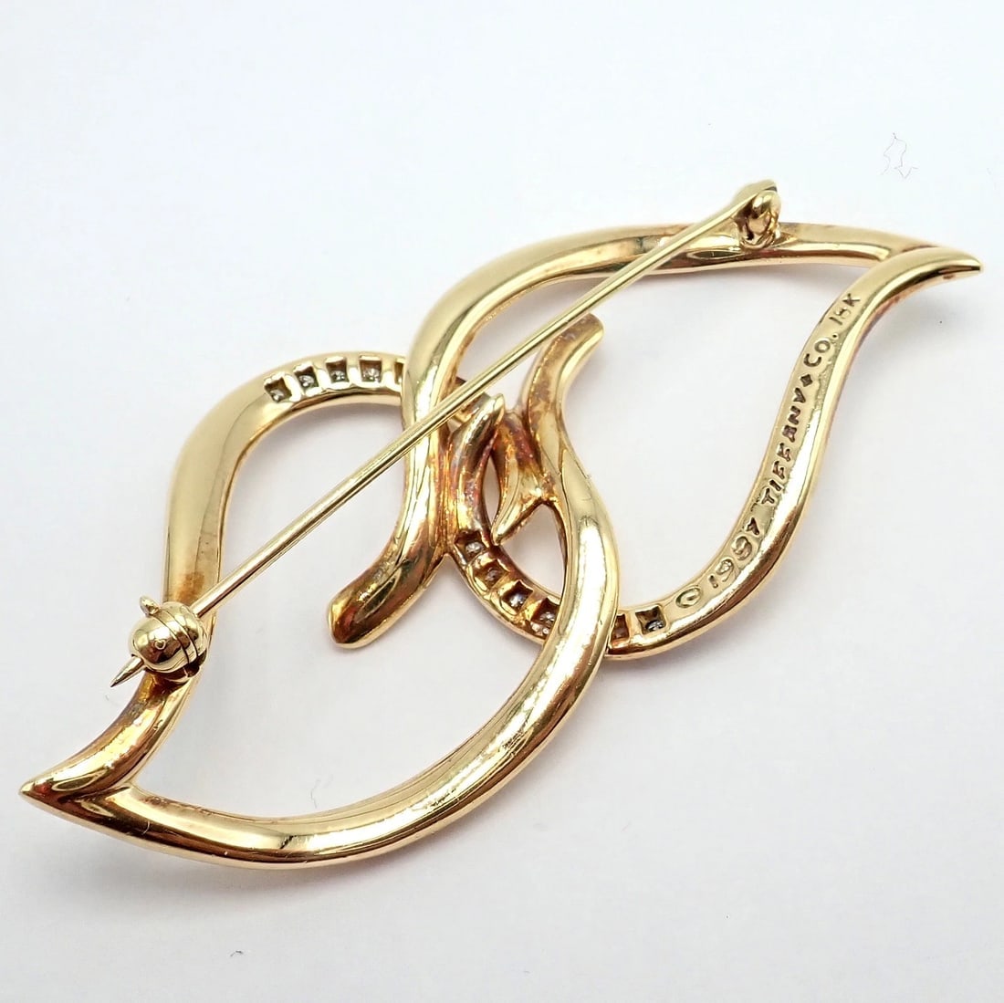 Authentic! Tiffany & Co 18k Yellow Gold Diamond Two Leaf Double Brooch Pin 1987 - 5