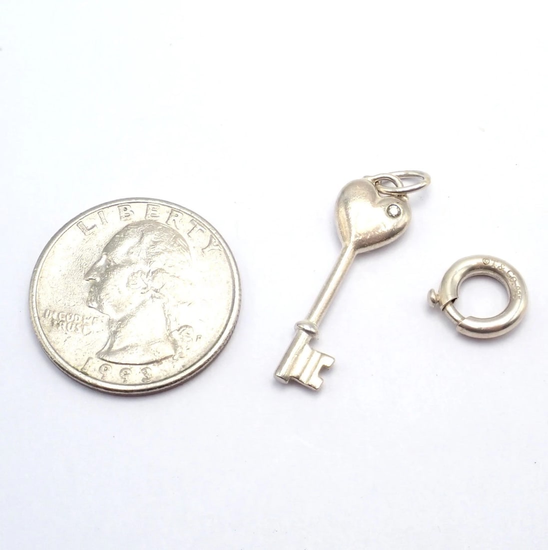 Tiffany & Co. Silver Diamond Key Heart Charm Pendant + Spring Ring Clasp - 4