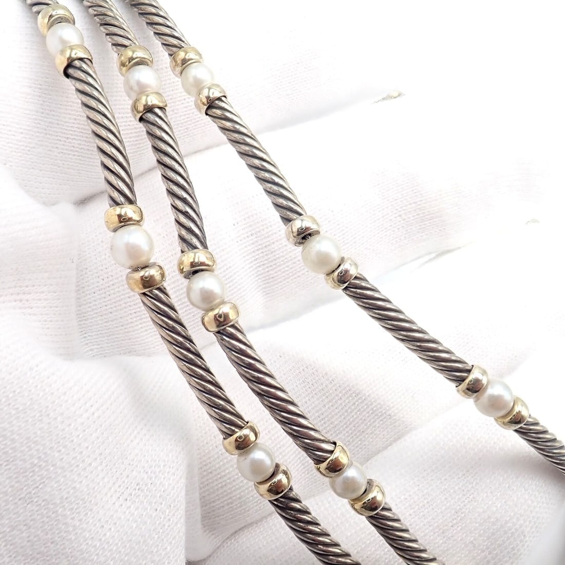 David Yurman DY Sterling Silver 14k Yellow Gold 3 Cable 3mm Pearl Necklace 15" - 3