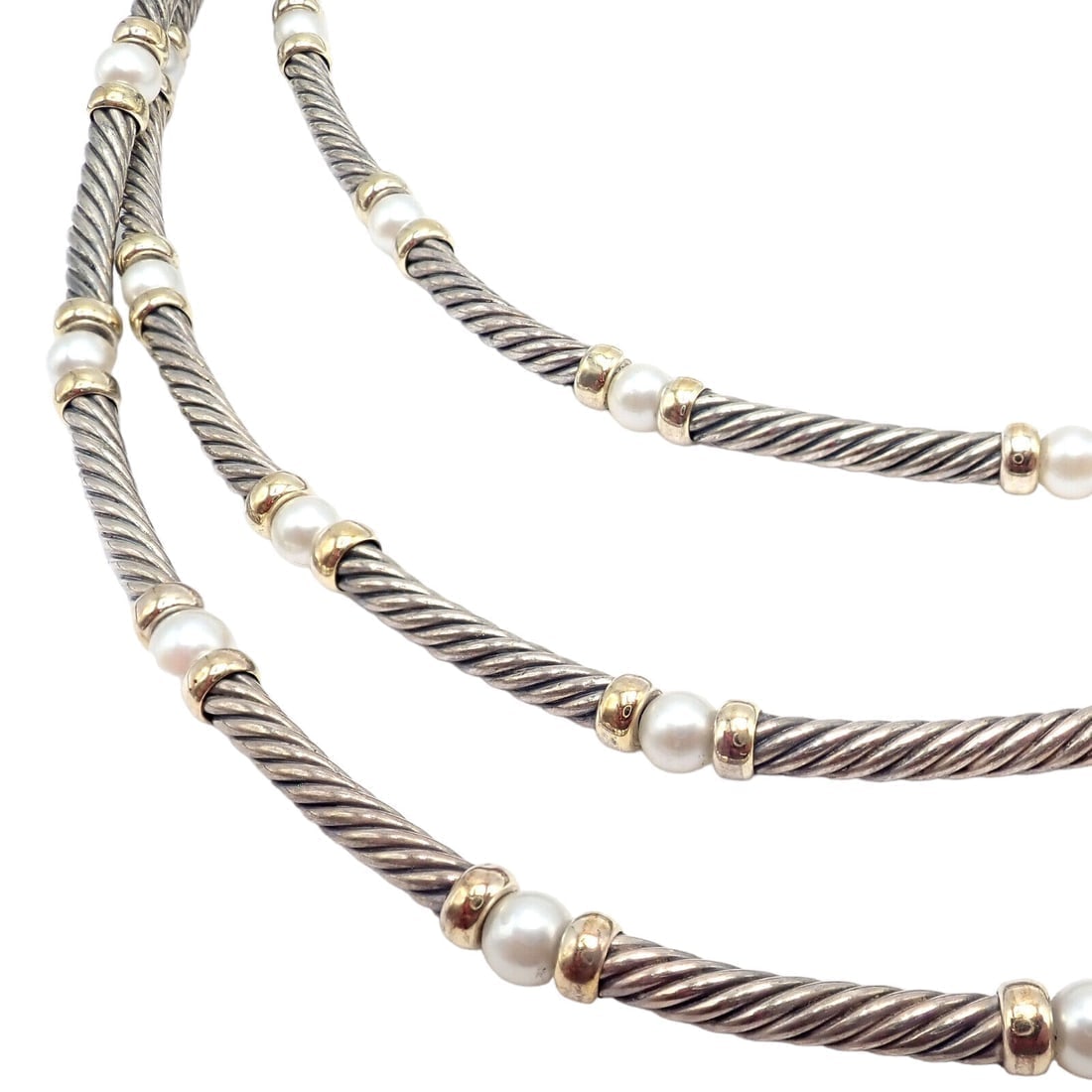 David Yurman DY Sterling Silver 14k Yellow Gold 3 Cable 3mm Pearl Necklace 15" - 4
