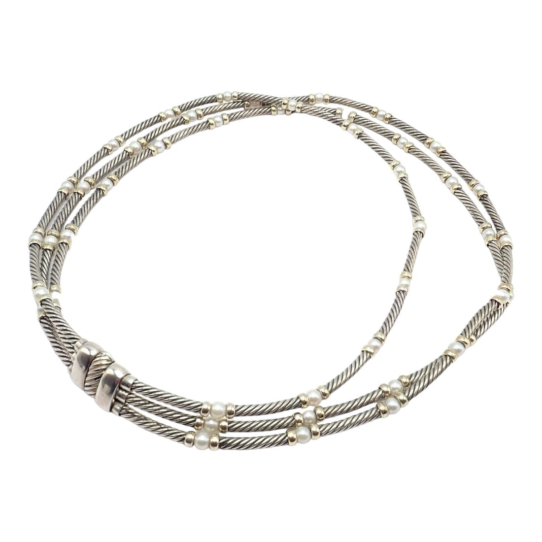 David Yurman DY Sterling Silver 14k Yellow Gold 3 Cable 3mm Pearl Necklace 15" - 5