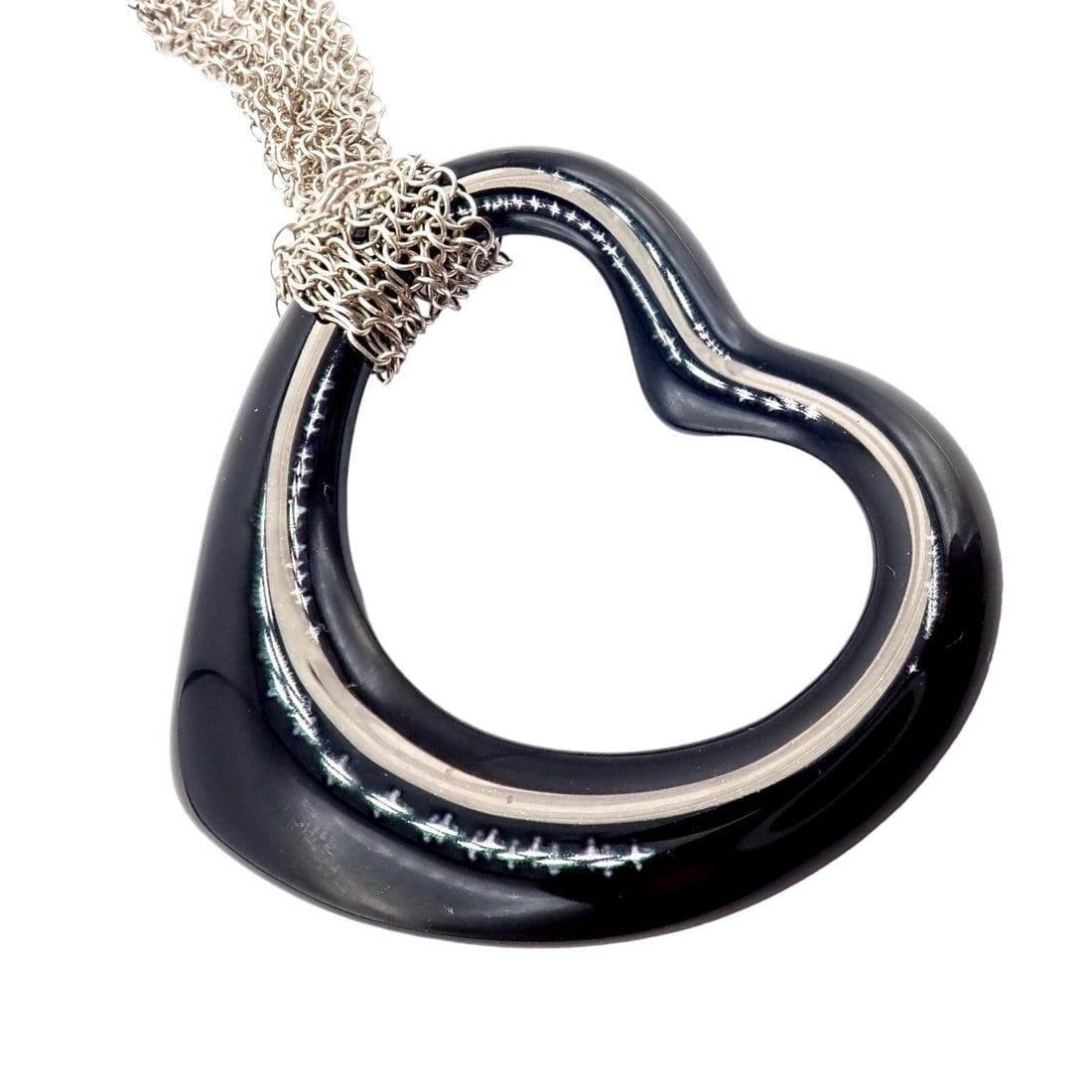 Tiffany & Co Silver Peretti 35mm Large Open Onyx Heart Pendant 28" Mesh Necklace - 2