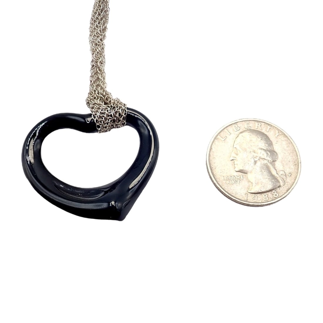 Tiffany & Co Silver Peretti 35mm Large Open Onyx Heart Pendant 28" Mesh Necklace - 3