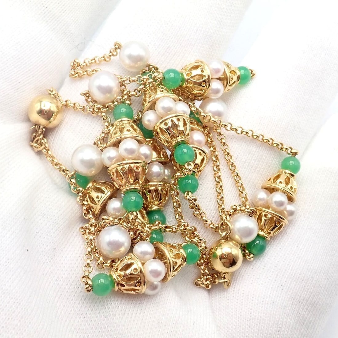Vintage! Mikimoto 18k Yellow Gold Pearl Chalcedony 32" Long Necklace - 5