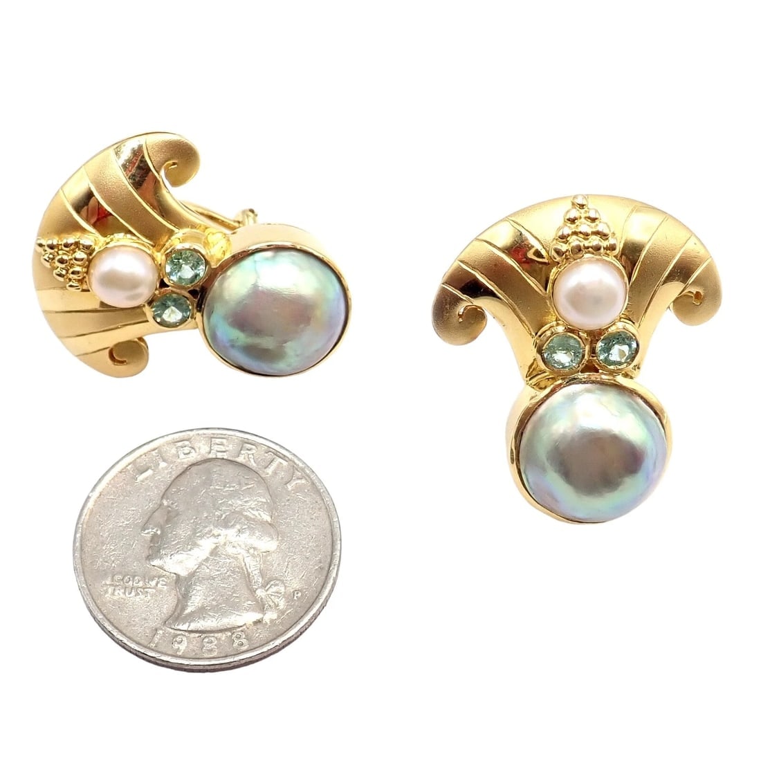 Rare! Vintage Paula Crevoshay 18k Gold Abalone Pearl Blue Gemstone Earrings OOAK - 3