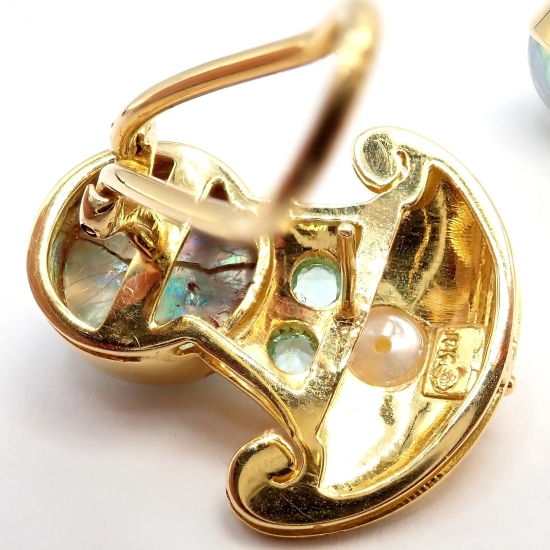 Rare! Vintage Paula Crevoshay 18k Gold Abalone Pearl Blue Gemstone Earrings OOAK - 4