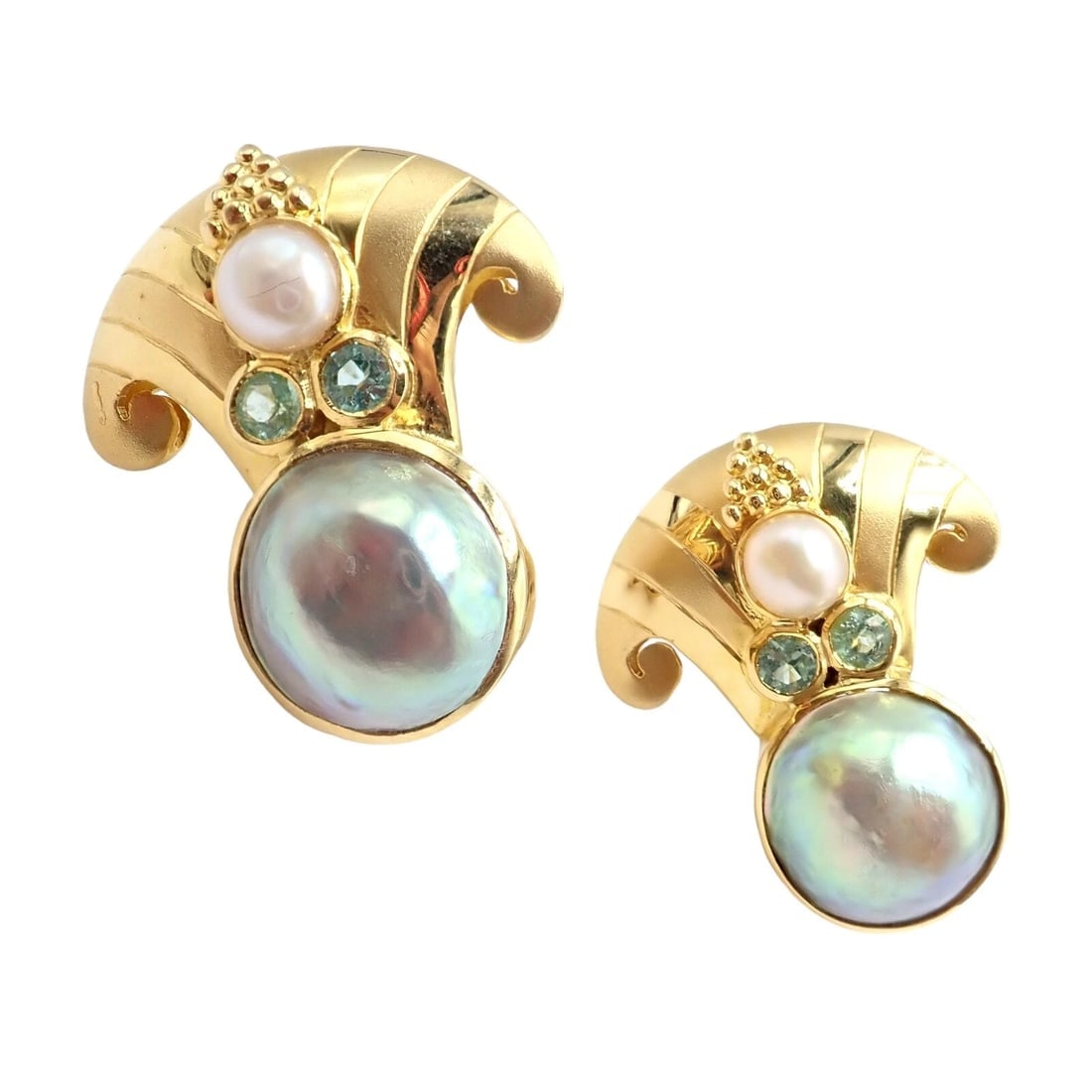 Rare! Vintage Paula Crevoshay 18k Gold Abalone Pearl Blue Gemstone Earrings OOAK - 5