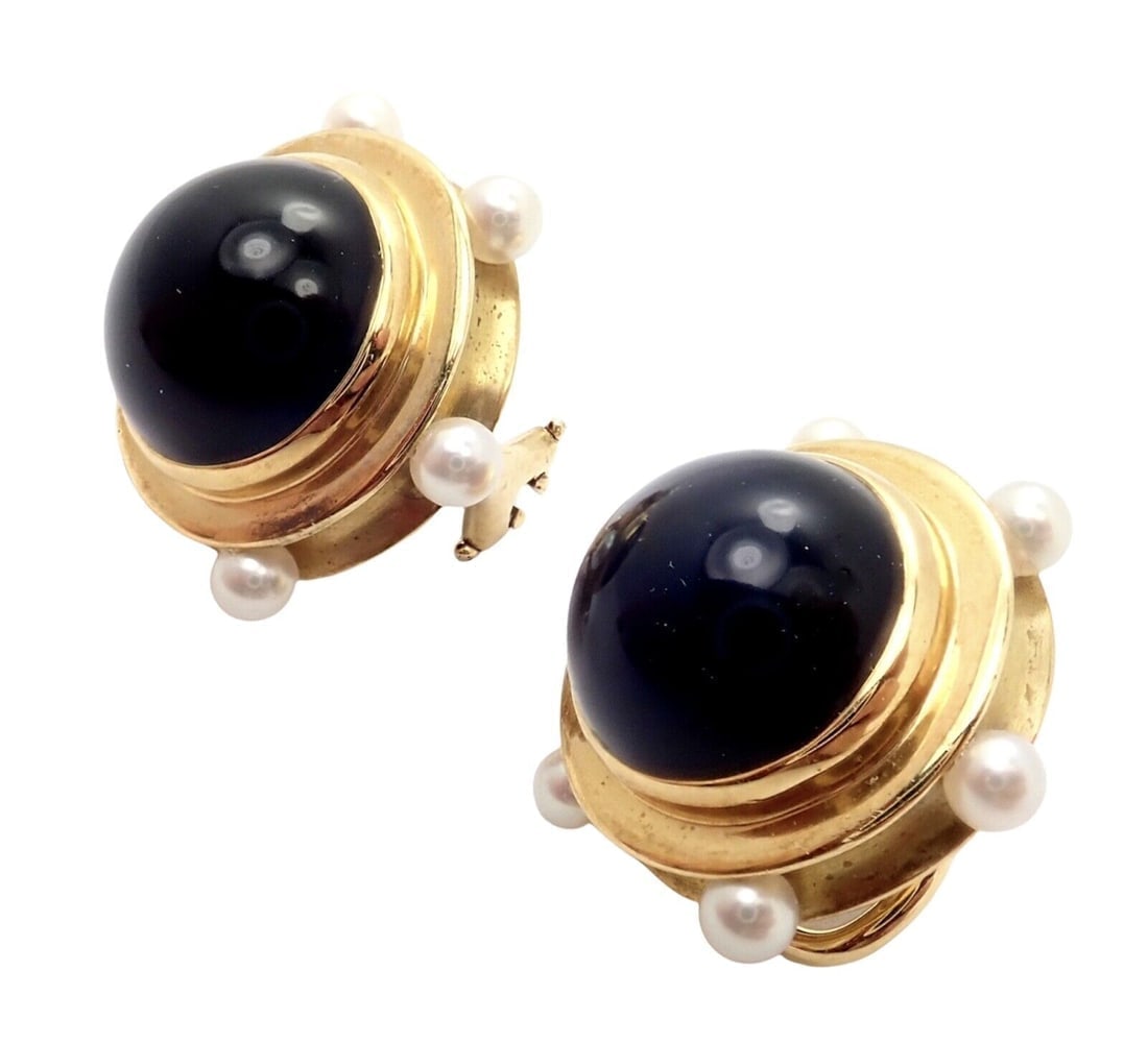 Vintage Authentic Rare Tiffany & Co. 18k Yellow Gold Pearl Onyx Earrings - 2