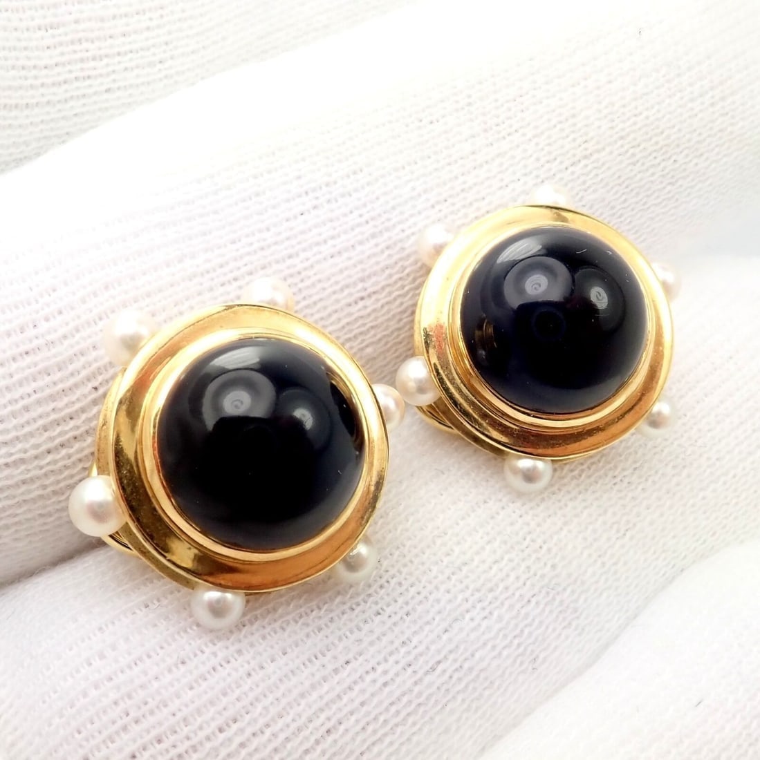 Vintage Authentic Rare Tiffany & Co. 18k Yellow Gold Pearl Onyx Earrings - 7
