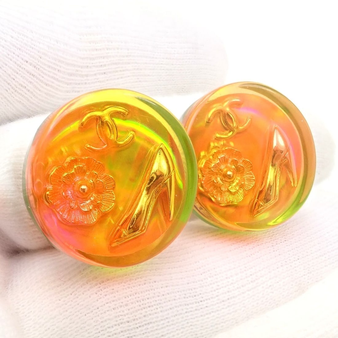Rare! Vintage Chanel Paris France Holographic Logo Camellia Earrings 1997 Spring - 3