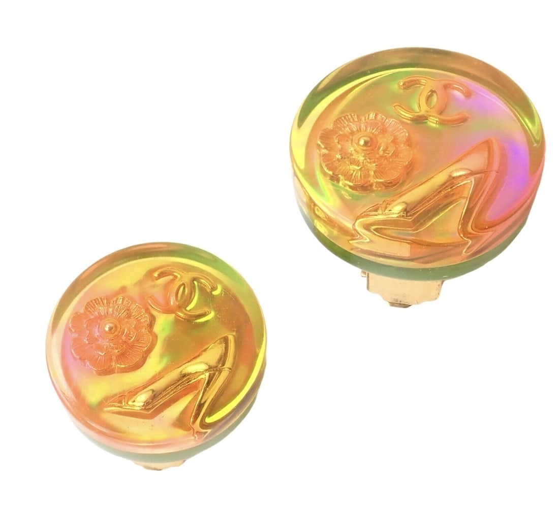 Rare! Vintage Chanel Paris France Holographic Logo Camellia Earrings 1997 Spring - 5